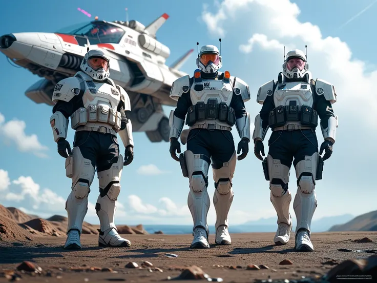 "Scene depicting a group of futuristic sci-fi soldiers resembling stormtroopers, wearing white armor, standing in perfect military shape in front of a huge spaceship with a sleek, modern design. The background is , a predominantly white, bright and sunny s...