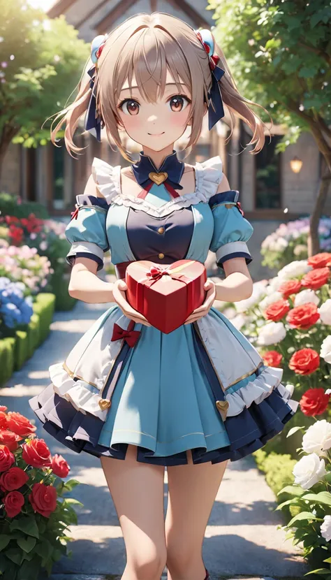 3D Images,silica、 standing、garden, ( hold a heart-shaped box in her hand), giftを持参する, Ill give it to you _gift, ( anime girl), cute  anime girl, Girl in Love, absolute reference to center、Outstretched hands holding a gift