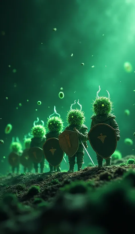 Graphics of immune cells  ( neutrophilic )  in the form of little heroes with shields and swords ,  growing in number and strength after the entry of bacteria simulated by green particles.  The background is dark but full of dynamic light that symbolizes e...