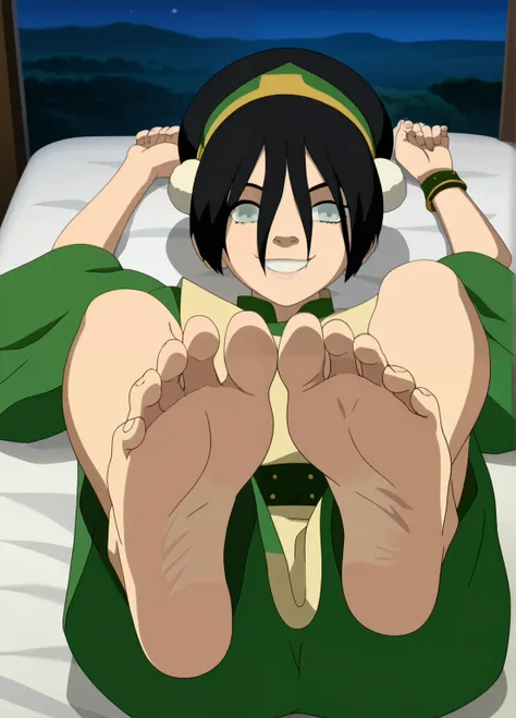 Score_9, score_8_up, source_anime, 1girl, Toph Beifong, alone, opaque gray eyes, dark hair, looking at viewer, night, in her bedroom, lying on the bed, from above, lifting legs to show her soles, cowboy shot, ANIME SCREENCAP, anime coloring, barefoot, perf...