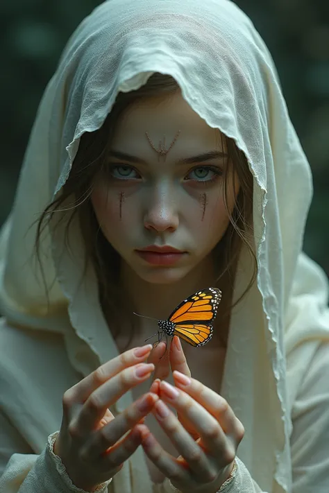 A  with a veil around her head and cracks on her face and a with butterfly on her finger 