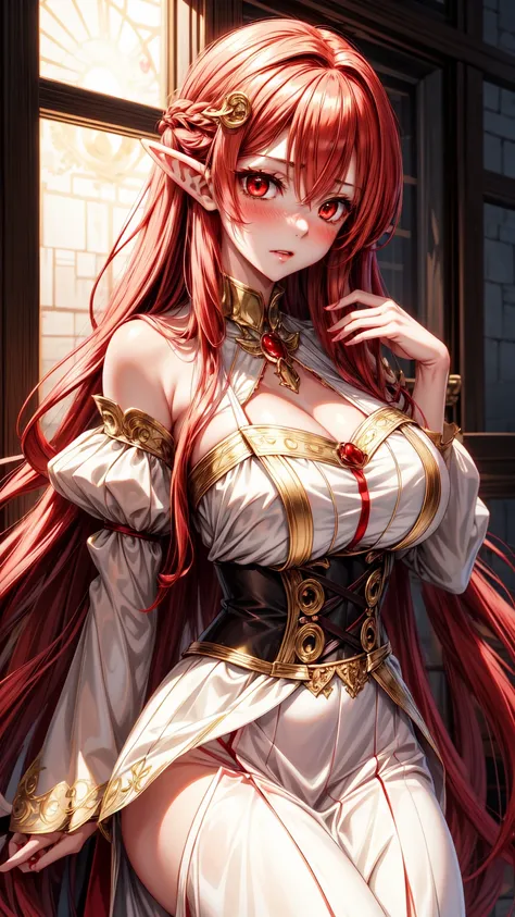  anime girl image,red eyes, red hair,Elf ears,eleven, white dress ,long skirt,Milf,adult woman, long hair , wavy hair,beautiful, seductive face , seductive face ,Dressed like an angel, with gold detail on the waist , with transparent lace sleeves,with gold...