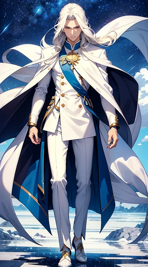 focus on face	、ハンサムなmale俳優、(male:1.3) Tall、Long long straight hair、 is slender and graceful 、 has long straight blond hair and blue eyes 。  is wearing a white suit 。 The background has a serene cosmic landscape with stars and gentle rays 、 evokes peace and...