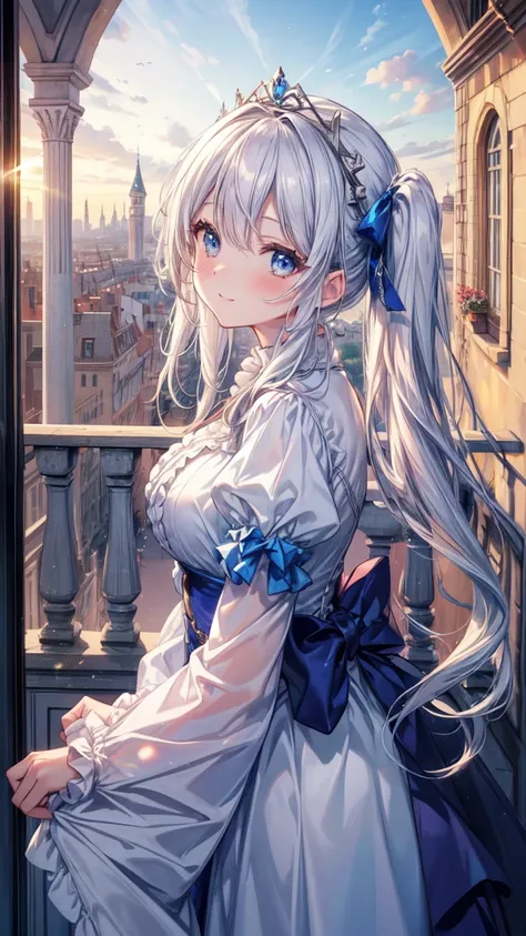 (  top qualityの超高解像度 , masterpiece,  top quality, 8k,  super detailed,  top quality:1.3),  1 girl,  Big Breasts , Droopy eyes,  blushes her cheeks ,   Im wearing long twin tails  ,  silver hair, smile,  blue eyes, Ribbon in hair, Big frilled gown,  tiara ,...