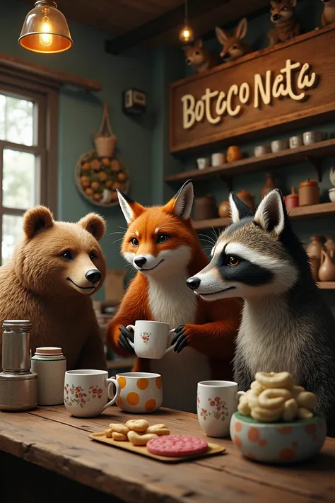  Group of realistic animals shopping on mugs at a bar, rustic wooden sign in the background with the phrase  "Boteco do Nata"