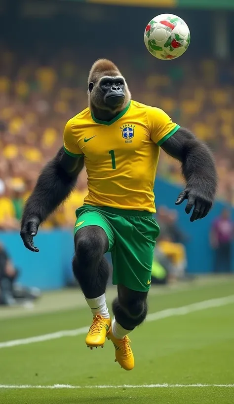 Player with a muscular and strong human body, wearing the Brazil uniform: yellow shirt with green details, green shorts, white socks and yellow boots. Its head is that of a gorilla, with a serious and powerful expression. He is in a defensive position, pre...