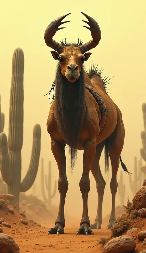 A Very Realistic Camel Mixed With A Very Realistic Scorpion In A Very Realistic Desert With Several Very Realistic Cacti And With A Slightly Yellow Sky With Very Realistic Red 