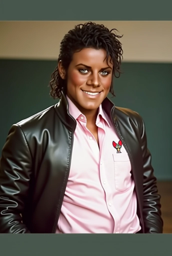 Jaafar Jackson as Michael 1982 dark skin man black outfit lightly smile a bit neutraface looking at you directly black open leather jacket pink shirt underneath with a small neck red tie in Billie Jean music video 4K photo