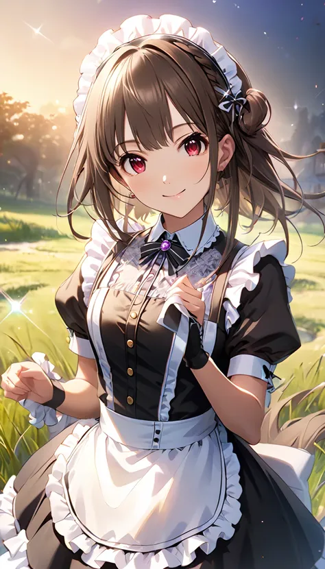  top quality、 high definition 、 one girl、grassland、Standing on the grass、Wearing a black and white maid outfit, Highly detailed faces、smile、 closed mouth ,Beautiful red eyes,  brown hair、smile, AMAZING PICTURES , Dramatic lighting, Absolute reference to th...