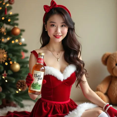  photos, realistic, good lighting. Hands-level shooting Career Masterpiece Handwork Good Fingers Good Nails Beautiful, pale young woman wears a red velvet Christmas dress. The costume consists of a lovely cropped neckline with white fluffy trim and a doubl...