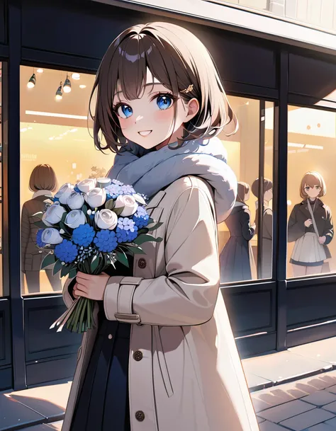 (In 8K, Best Quality, Master Piece: 1.2), Ultra High Resolution,1 girl,solo,16yo,ultra-detailed face,detailed eyes,gold eyes,mascara,short hair,brown hair,holding bouquet of winter flowers,holding Winter flower bouquet, Formal fashion,gray fur scarf,zip-up...