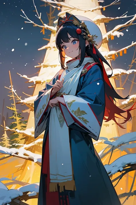 A 16-year-old Chinese woman ,  wearing a beautiful Christmas costume ,  is standing before a majestic Christmas tree decorated with bright and colorful ornaments.  She observes with admiration the beauty of the tree ,  whose branches are covered with snow ...