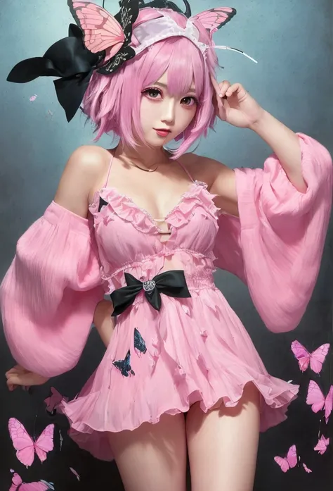  masterpiece,  High Definition , best quality,8k,Girl ，1girl in, Solo, 
(Saigyouji Yuyuko, butterfly, bug, hat, Pink hair, Triangular headpiece, Night, Pink eyes, Short hair, )