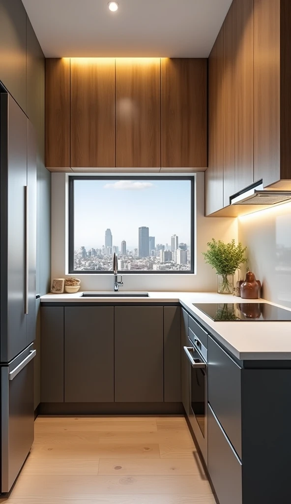 RAW, photo, architectural photography, architects project, contemporary kitchen, with wood and gray, cabinets, stainless steel appliances, white coating, yellow lighting, small kitchen, apartment standard with few cabinets, window that allows you to see th...