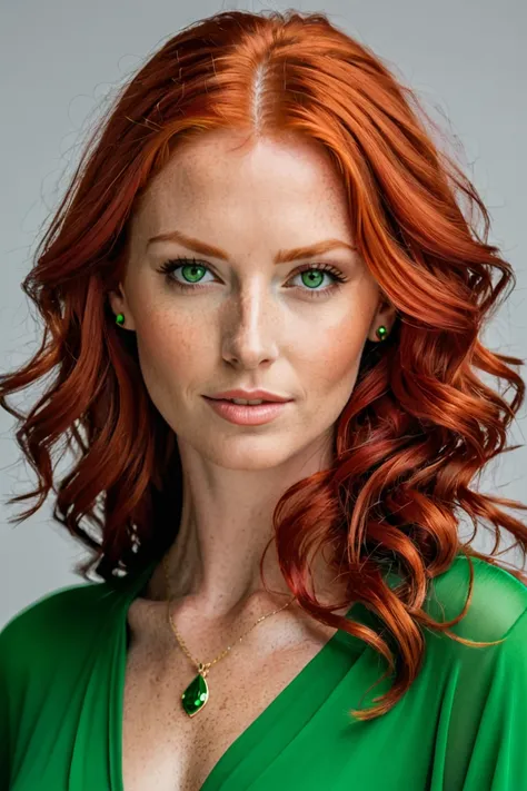 A red-haired woman with green eyes