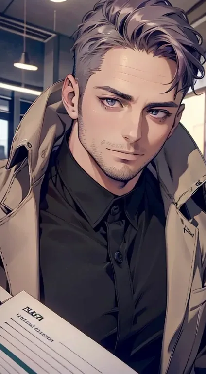 (best quality,4k,8k,highres,masterpiece:1.2),ultra-detailed,(realistic,photorealistic,photo-realistic:1.37),1 man,34 years old,mature man,very handsome,without expression,smile,short purple hair,green and silver eyes,penetrating gaze,perfect face without e...