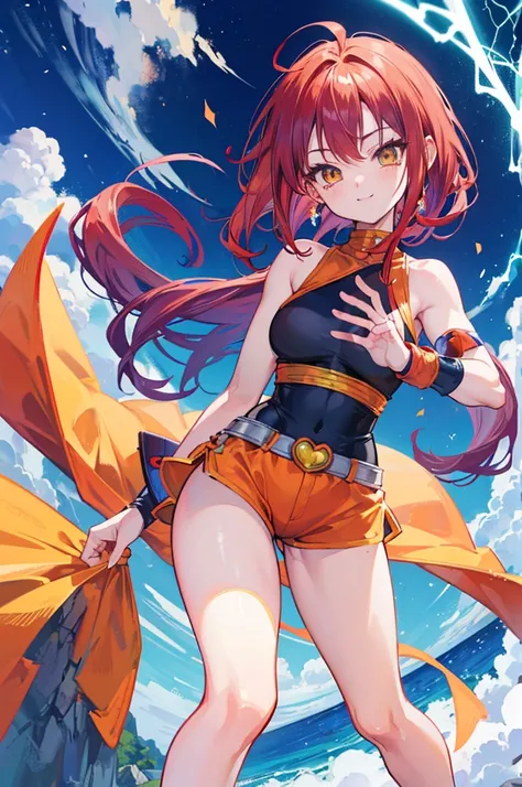 dragon ball, cute saiyan girl, little young, crimson hair, yellow eyes, , smile, electricity, aura, energy, focus on face, saiyan combat outfit: its like a body or swimsuit one piece that cover up to mid-thigh like tigh shorts and and a armor like vegetas ...