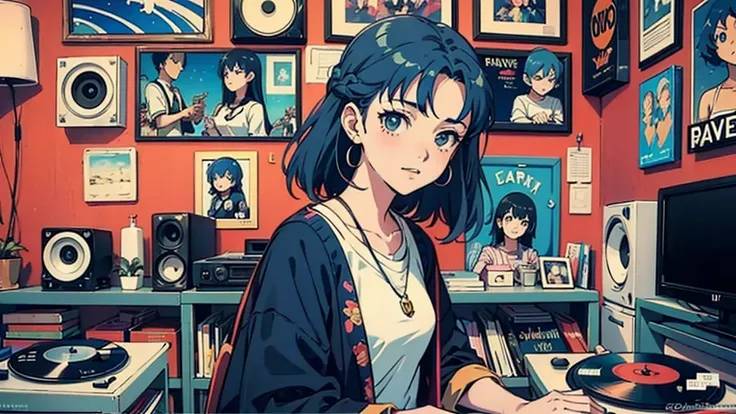 An anime girl with blue hair is playing music in a nostalgic room with a record deck, 80&#39;s anime vibe,  Lofi Girl ,  80s anime art style ,  retro anime girl ,   80s anime art style  ,  80s anime style, 90s anime style , 90s anime aesthetic, 1980s anime...