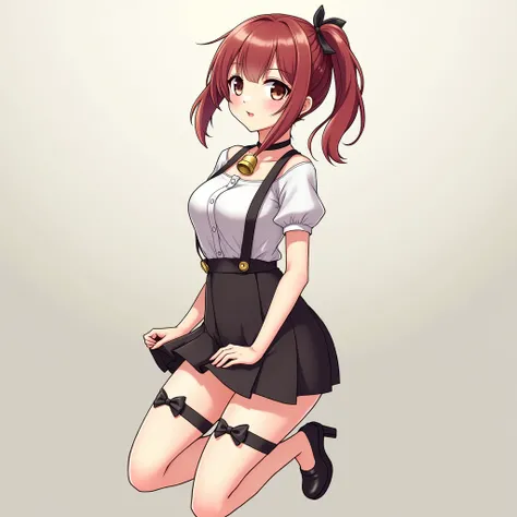 Anime girl, young girl, beautiful face, long hair bob cut ponytail, (full body photo: 1.3), (a bell around the neck: 1.2), (miniskirt: 1.6), (suspenders for garters: 1.2), (gaps between the legs: 1.6), high heels, (high heels: 1.3), (bows on the thighs: 1....