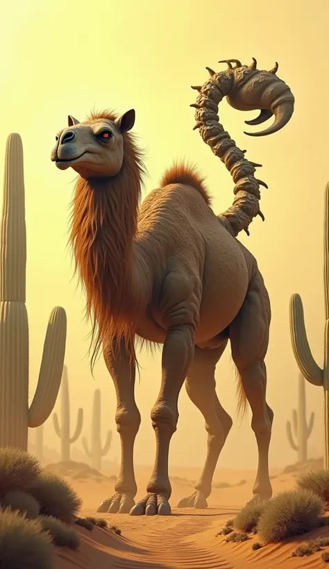 A Very Realistic Camel Mixed With A Very Realistic Scorpion In A Very Realistic Desert With Several Very Realistic Cacti And With A Slightly Yellow Sky With Very Realistic Red 