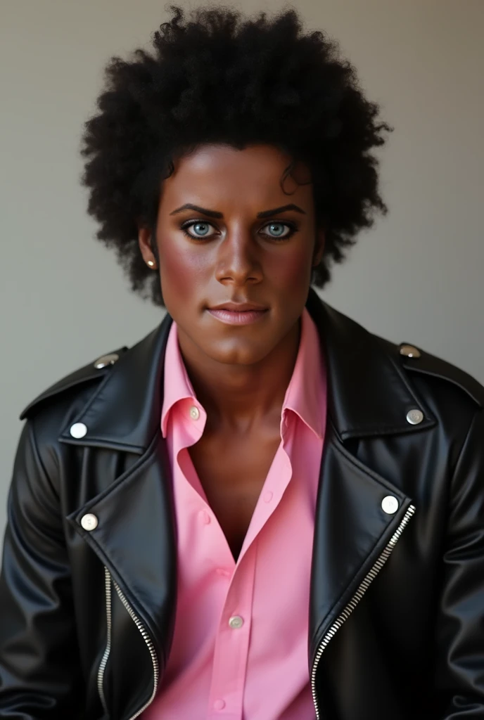 Jaafar Jackson as Michael 1982 dark skin man black outfit lightly smiles a bit satisfied face looking at you brown eyes black open leather jacket pink shirt underneath with a small neck red tie in Billie Jean music video 4K photo