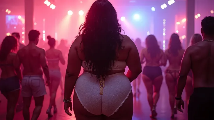 (((full-body-shot ))) of the back of  (((a super-ultra-plus-size big woman very chubby fat with hourglass body shape))) of a Lebanese-Indian heritage with very huge-large-gigantic breasts(m-cup breasts), with very long, extra wavy, styled brown hair and fa...