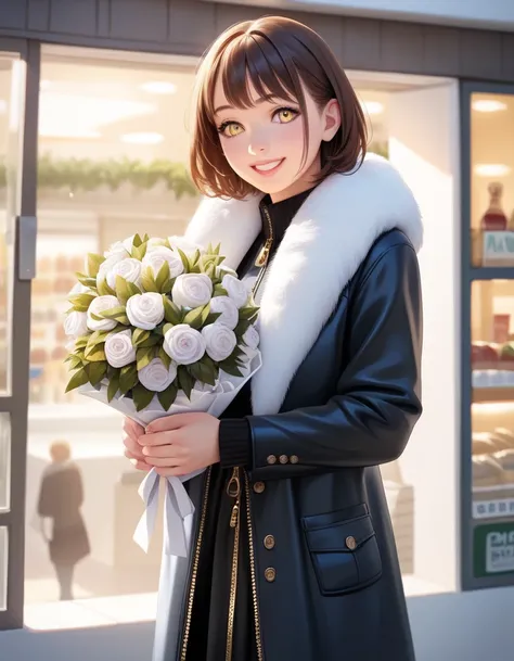 (In 8K, Best Quality, Master Piece: 1.2), Ultra High Resolution,1 girl,solo,16yo,ultra-detailed face,detailed eyes,gold eyes,mascara,short hair,brown hair,holding bouquet of winter flowers,holding Winter flower bouquet, Formal fashion,gray fur scarf,zipper...