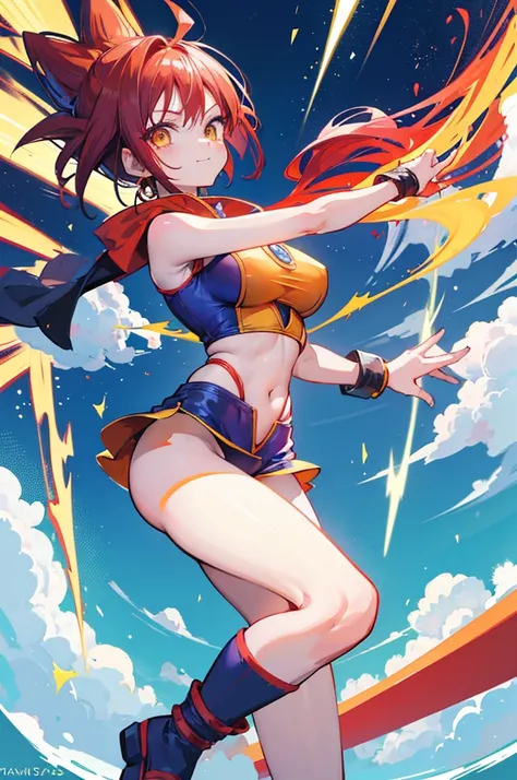 dragon ball, cute saiyan girl, little young, crimson hair, yellow eyes, , smile, electricity, aura, energy, focus on face, saiyan combat outfit: its like a body or swimsuit one piece that cover up to mid-thigh like tigh shorts and and a armor like vegetas ...