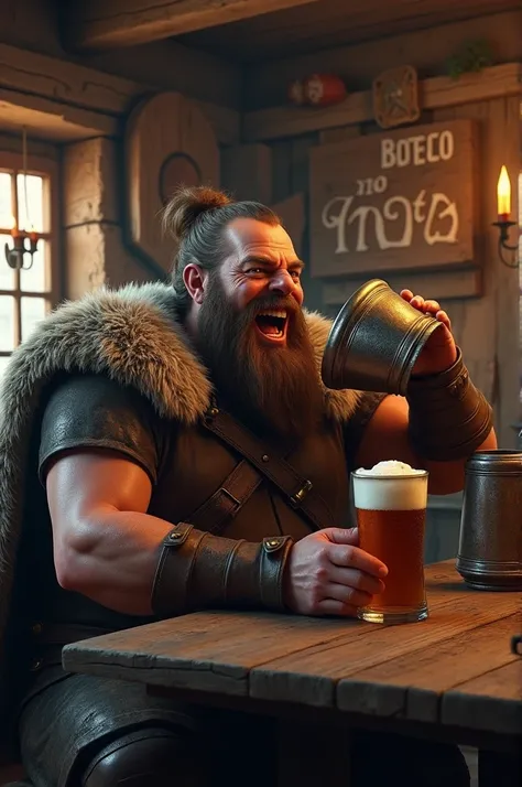 Fat Viking drinking shop in a tavern ,  rustic wooden sign in the background with the phrase "Boteco do Nata"