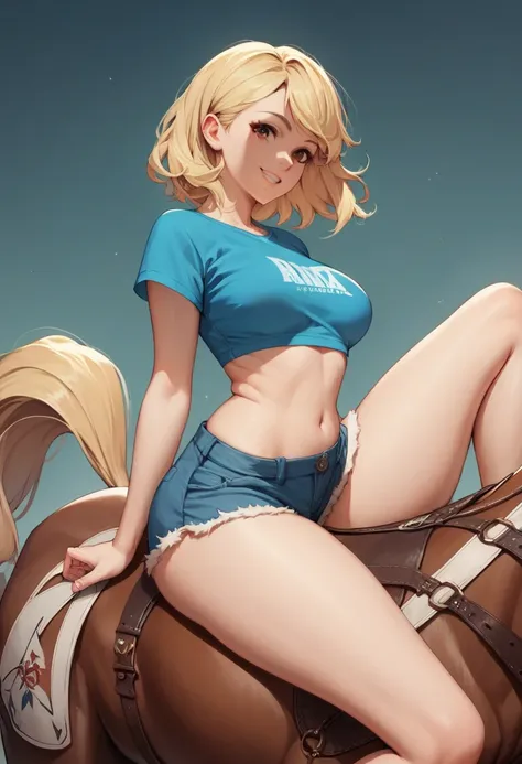 score_9, score_8_up, score_7_up, source_anime, best quality, clear face,curvy 1girl,blonde hair, brown eyes, medium hair, perfect body, sitting, looking at viewer, smile, wearing white mini shorts,blue mini shirt, horseback riding,sitting on horse,thick le...