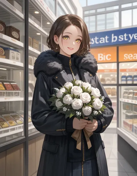 (In 8K, Best Quality, Master Piece: 1.2), Ultra High Resolution,1 girl,solo,16yo,ultra-detailed face,detailed eyes,gold eyes,mascara,short hair,brown hair,holding bouquet of winter flowers,holding Winter flower bouquet, Formal fashion,gray fur scarf,zipper...