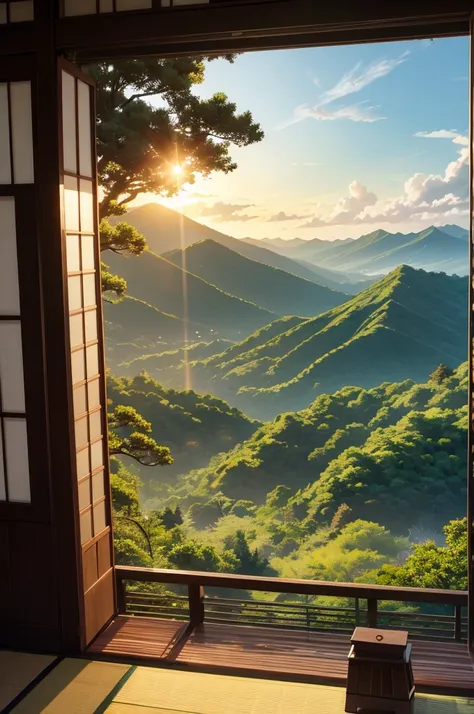 Japanese forest landscape view, beautiful view, bird in the distance, rual, landscape view, mountainous , evening sun