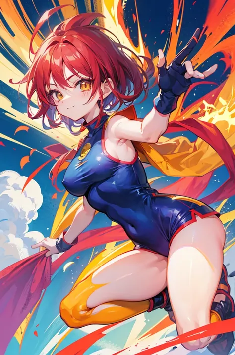 dragon ball, cute saiyan girl, little young, crimson hair, yellow eyes, , smile, electricity, aura, energy, focus on face, saiyan combat outfit: its like a body or swimsuit one piece that cover up to mid-thigh like tigh shorts and and a armor like vegetas ...