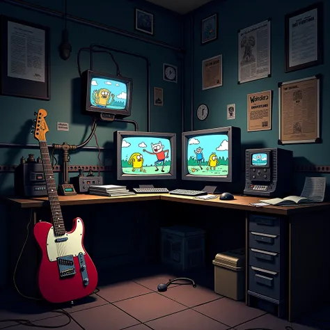 Based on that illustration ,  I need the office of fnaf 1 in an illustration ,  I need a telecaster guitar in the corner and inside the screens some adventure time