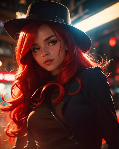 a detective, open eyes, red hair, 1girl, solo (aesthetic:1.2) detailed girl, vibrant red, (BOKEH) old ondustrial london background, (pov) engaging perspective, captivating gaze, (deep, immersive) steam ambiance, (artistically) blurred foreground, (dramatic...