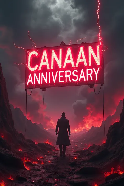 Create an image that has a hellish background and that says Canaan Anniversary with electric letters