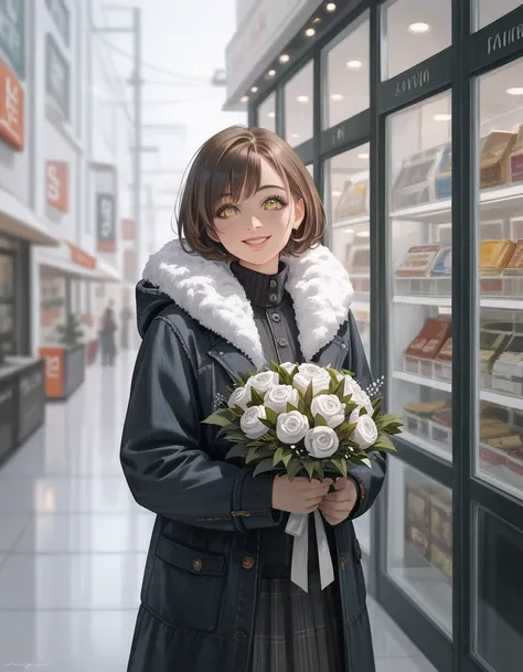 (In 8K, Best Quality, Master Piece: 1.2), Ultra High Resolution,1 girl,solo,16yo,ultra-detailed face,detailed eyes,gold eyes,mascara,short hair,brown hair,holding bouquet of winter flowers,holding Winter flower bouquet, gray fur scarf,black cashmere coat,s...