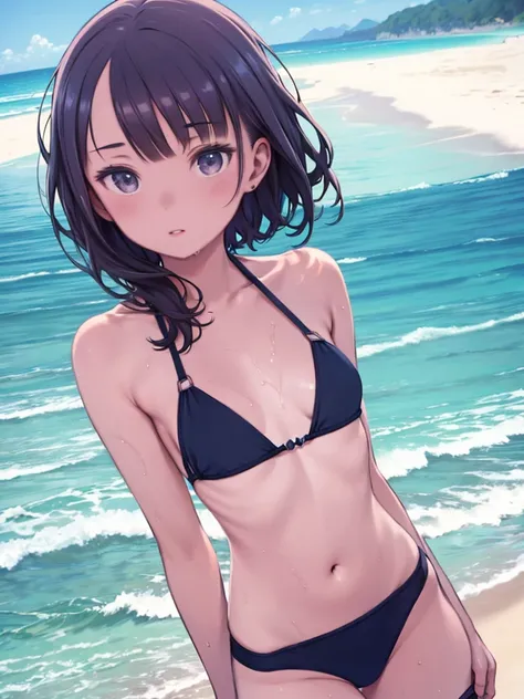 ((  Masterpiece  )), (( top quality)), (( high definition )), (( detailed)), 1 woman, middle_E7, Small chest,  swimsuit,  realistic ,  beach ,  wet,  ocean, belly button, null, clavicle