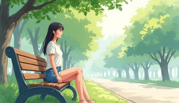 A beautiful 30-year-old Japanese woman sitting on a park bench, painted in a watercolor style. The composition captures her in a calm and relaxed posture, with soft expressions of serenity on her face as she enjoys the peaceful outdoor setting. The park su...