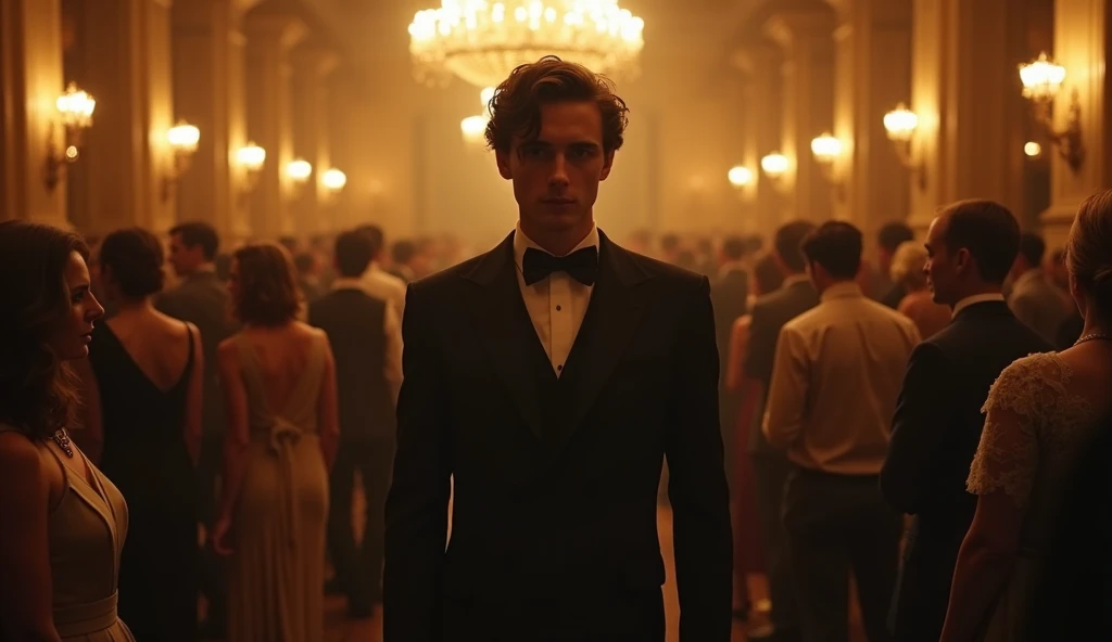 "A young vampire standing in a bustling Victorian ballroom, his calm and charismatic demeanor captivating the attention of elegantly dressed guests. The chandelier’s golden light casts a soft glow over the room, while Ruthven’s composed figure exudes an ai...