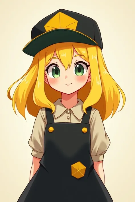 Yellow-haired girl wearing Bills cap from Gravity Falls and black dress with a patch