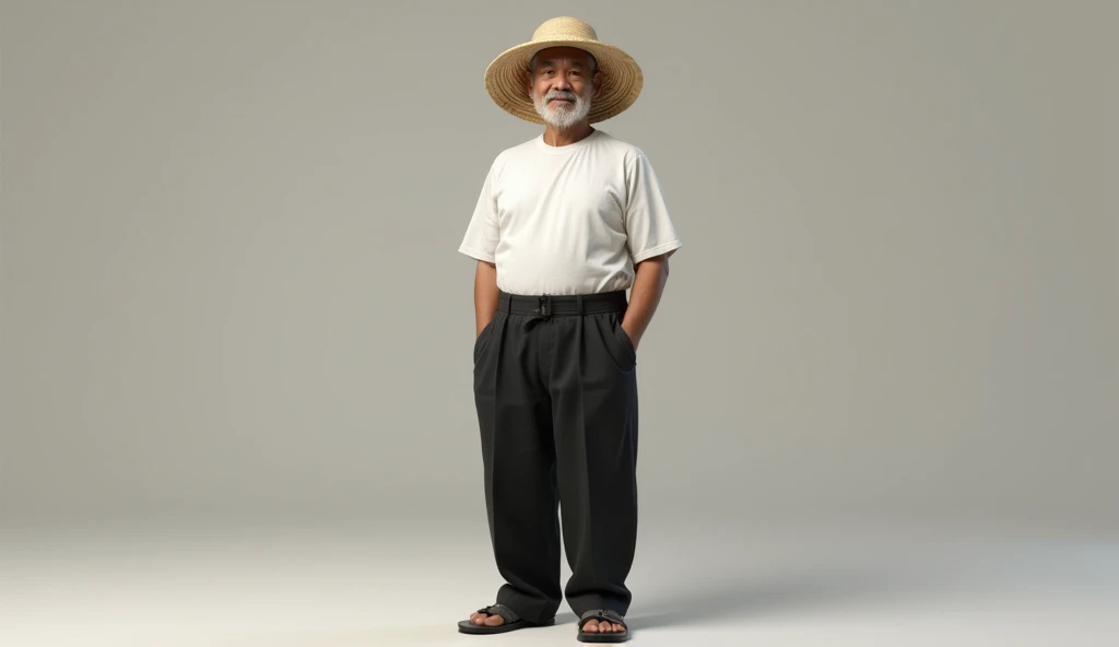  an Indonesian man aged 50, wearing a bamboo crochet hat ,  wears white t-shirt ,  trousers of black color ,  wearing black sandals 