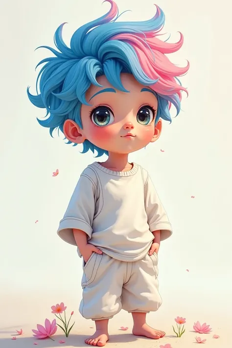 Create a character for me, a boy with blue and pink hair, white clothes, black pants