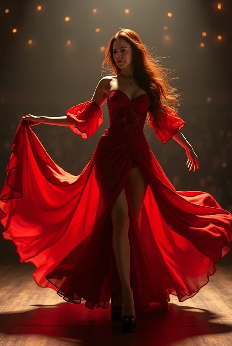 High Quality, Realistic, Photorealistic, Award Winning Photography, (Intricate Details: 1.2), (Subtle Details), (Intricate Details), (Cinematic Lighting, Super Sexy 48 Years Old Chinese Long Red Dark Hair Woman, Flamenco Dancer, Dance Stage, Huge Bouncing ...