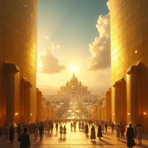 a city of gold , With blue sky and clouds,  with a golden wall in front of the city