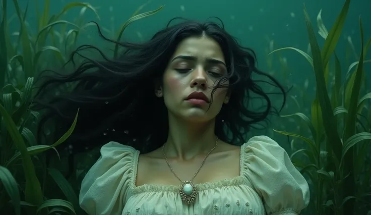 Image of a mestiza woman named Maria dressed in the style of the year 1800, drowned at the bottom of a river, trapped in the sea grass, her face reflects a lot of sadness.