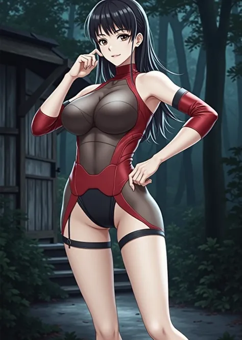 An adult woman has black hair , dark eyes,  and wears a red ninja style outfit with a black mesh. her breasts are large.  The background is a dark and mysterious forest ,  with a wooden structure in the background .