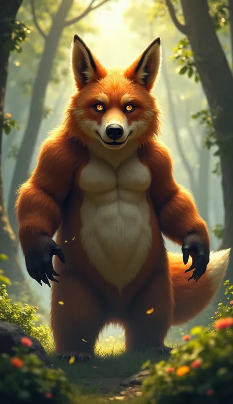 create me a bear and a fox on the bears side, and merge them together in high quality