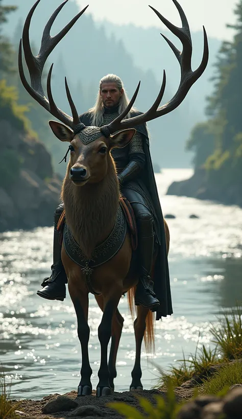 The Elvish King Thranduil riding a giant broad-horned deer on the edge of a large river. 