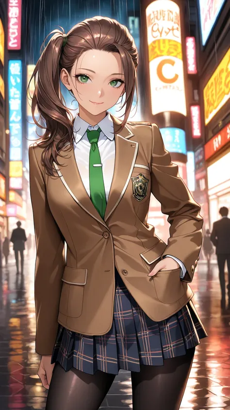 masterpiece, best quality, very aesthetic, realistic detailed CG, Sharp Focus, high contrast, 1girl, detailed green eyes, smile, semi-long hair, dark brown silky hair, hair styled in a center-parted slicked-back look, forehead,  sliced back hair, side pony...